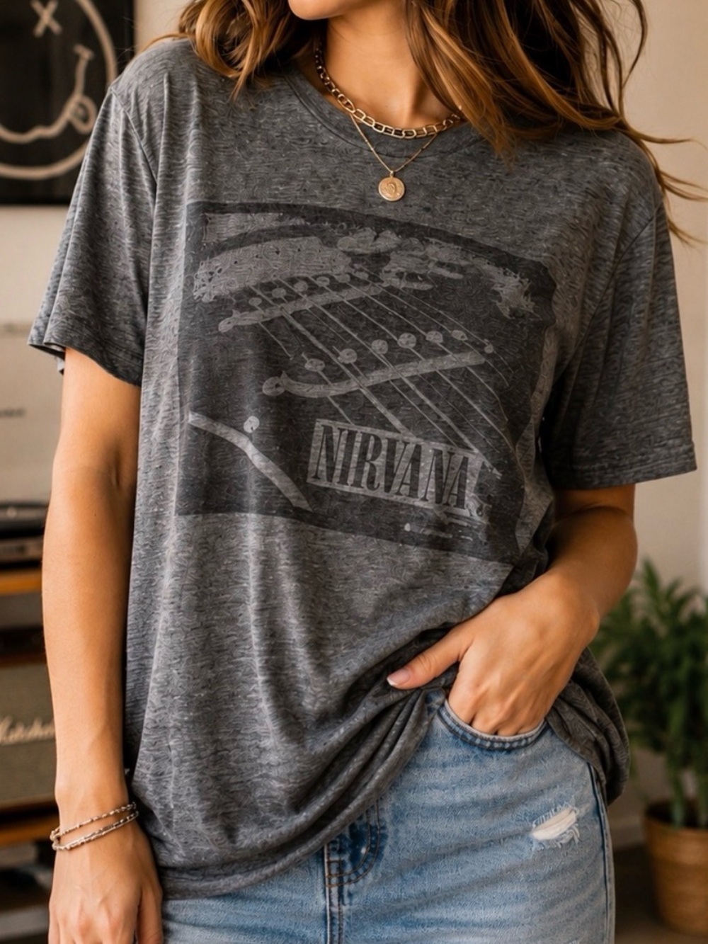 Chaser Nirvana Band Tee Gray Vintage Style Graphic Tee